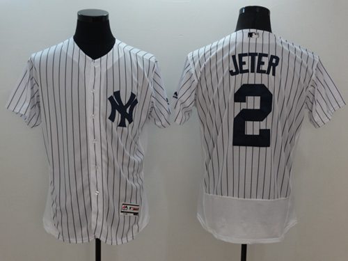 Yankees #2 Derek Jeter White Strip Flexbase Authentic Collection Name On Back Stitched MLB Jersey